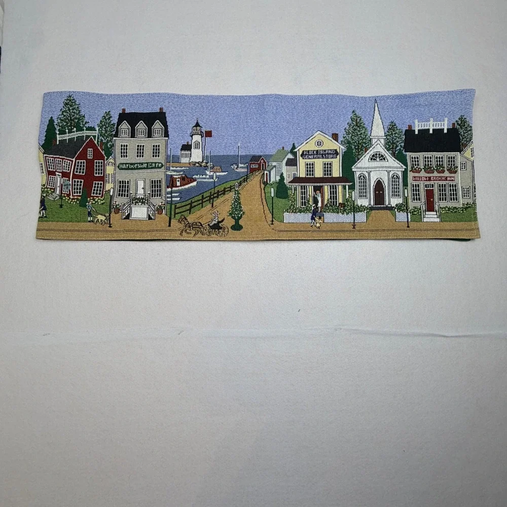 Vintage Coastal Village Tapestry Table Runner Lighthouse Harbor Scene Green Back